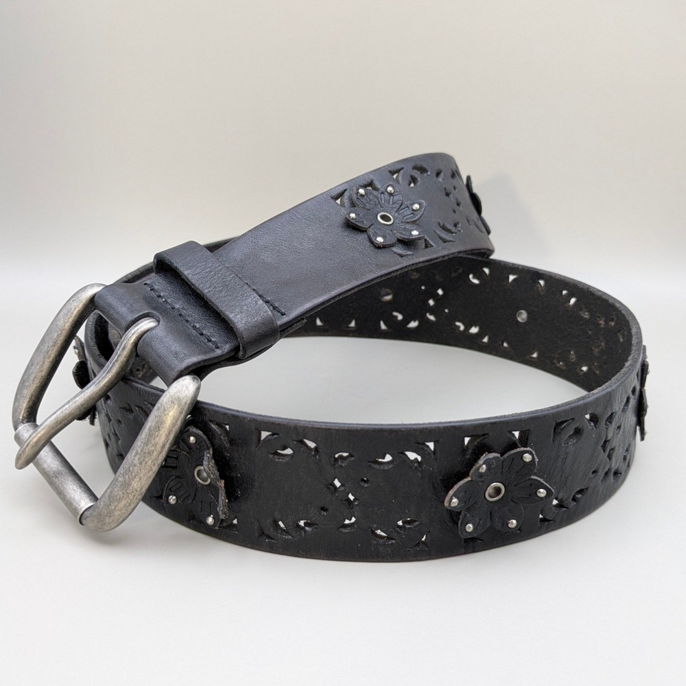 Vintage Express Black Italian Leather 3D Flower Belt 1.5" Wide 32-37" Waist Sz L